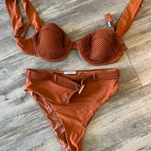 WE WORE WHAT Camel Fishnet Bikini Suit
